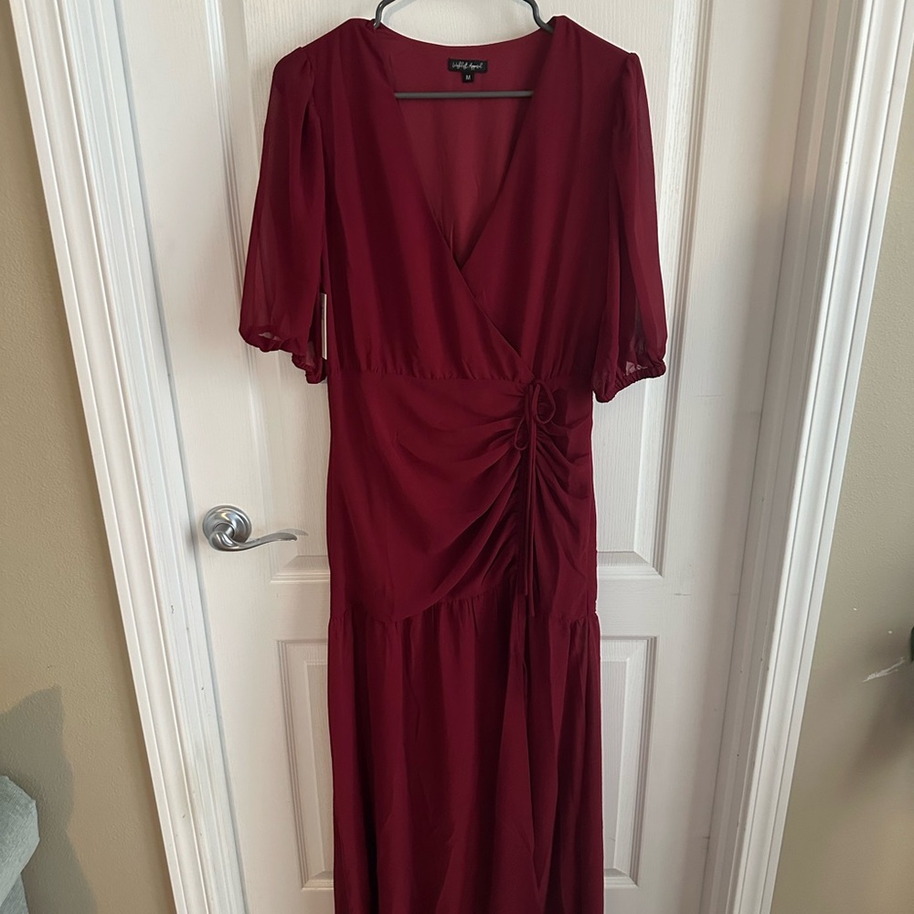 Wishlist Apparel Deep Red Midi Dress with Gathered Waist
